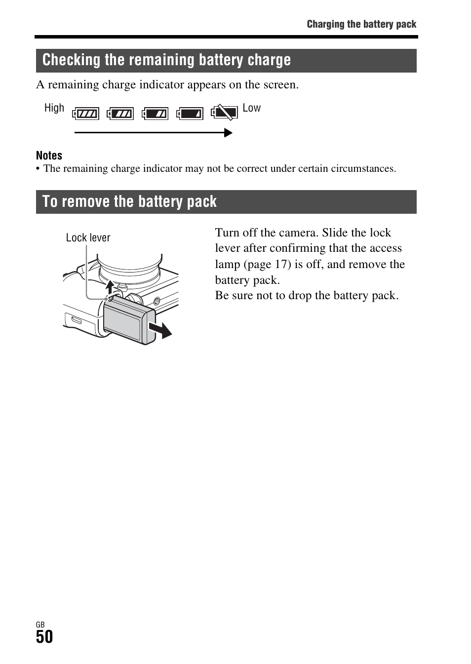 Checking the remaining battery charge, To remove the battery pack | Sony ILCE-7R User Manual | Page 50 / 96