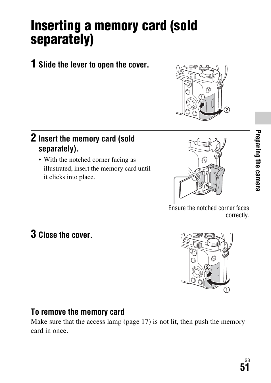 Inserting a memory card (sold separately) | Sony ILCE-7R User Manual | Page 51 / 96