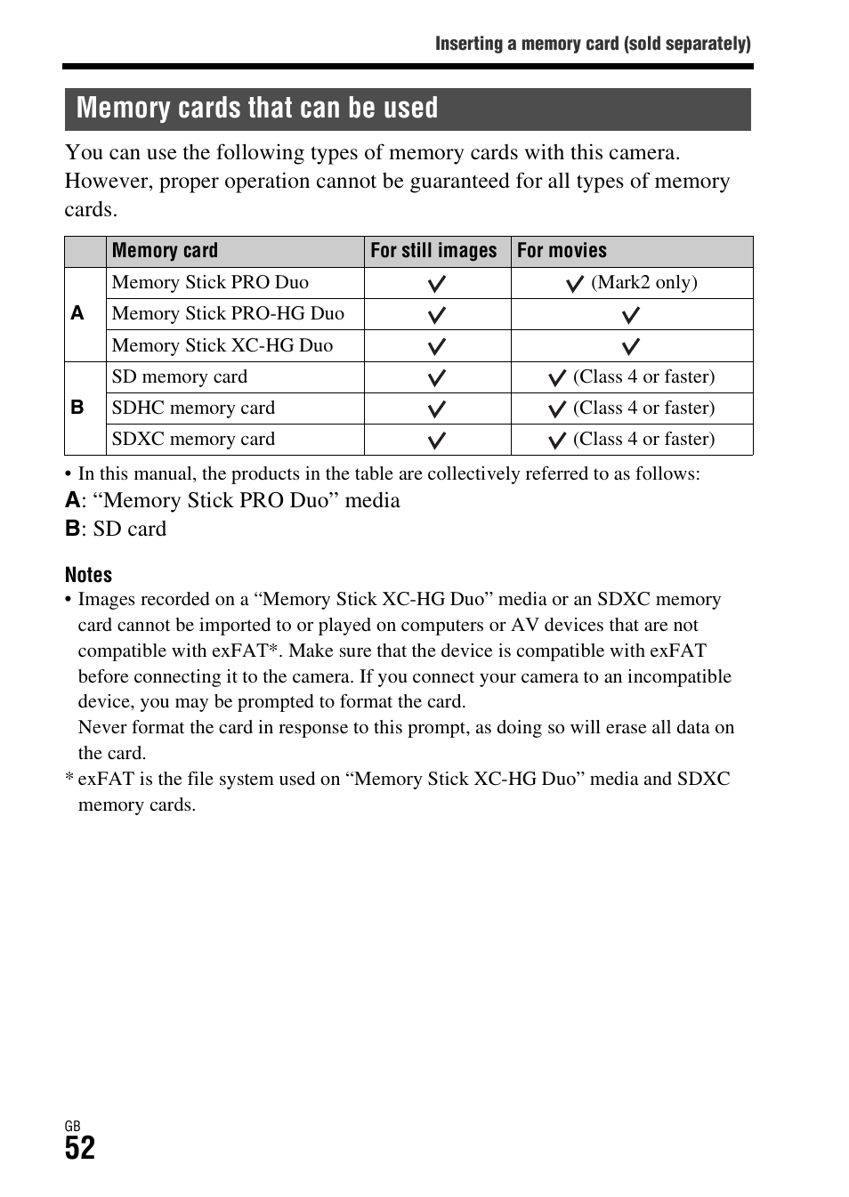 Memory cards that can be used | Sony ILCE-7R User Manual | Page 52 / 96