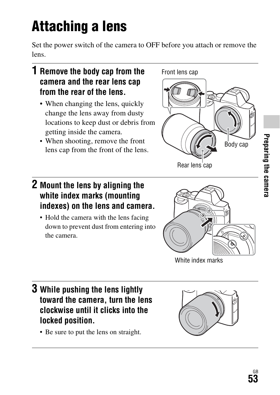 Attaching a lens | Sony ILCE-7R User Manual | Page 53 / 96