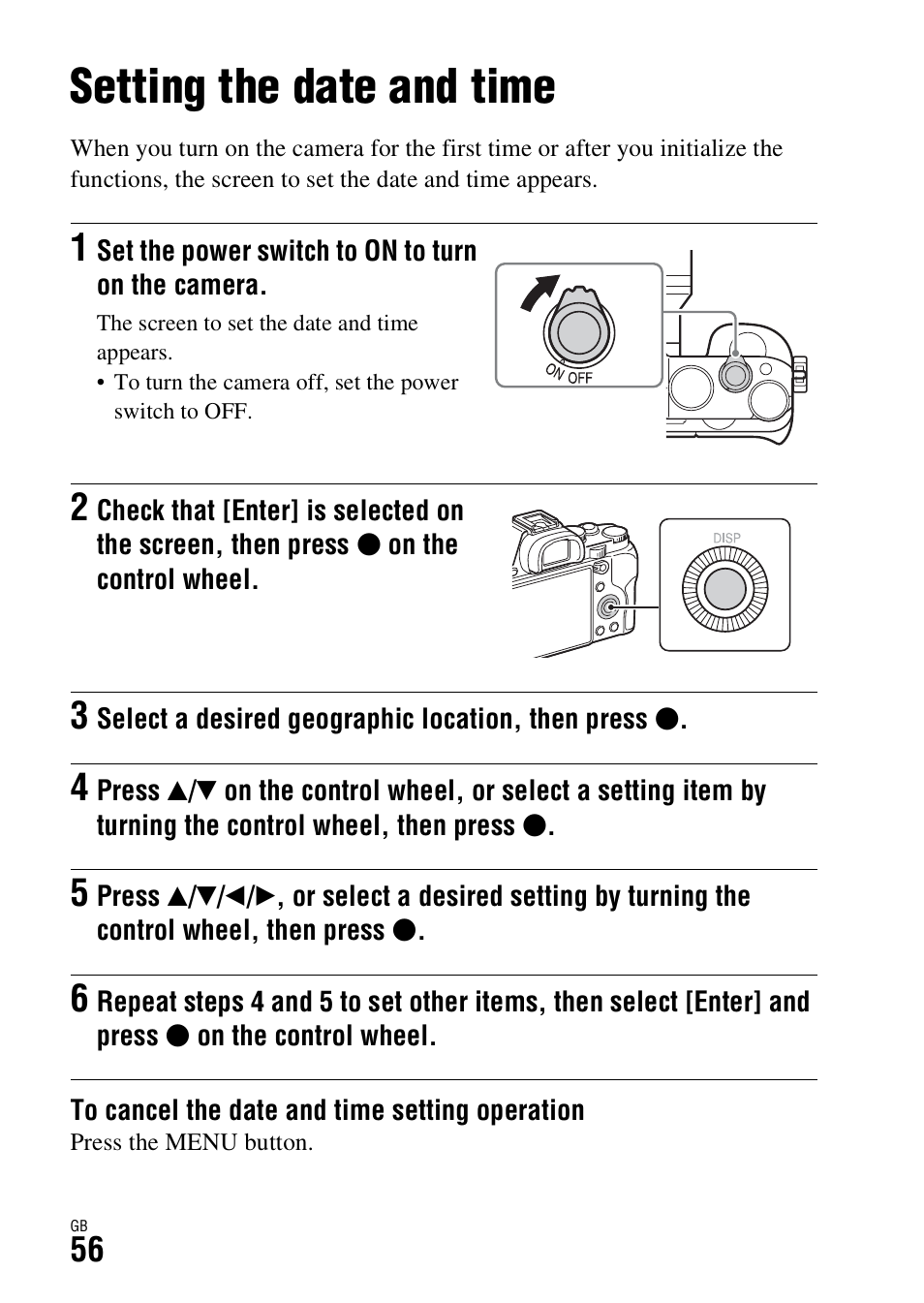 Setting the date and time | Sony ILCE-7R User Manual | Page 56 / 96