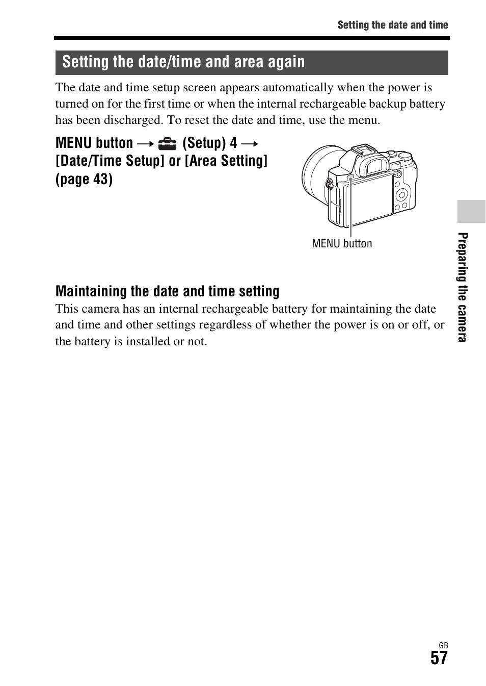 Setting the date/time and area again | Sony ILCE-7R User Manual | Page 57 / 96