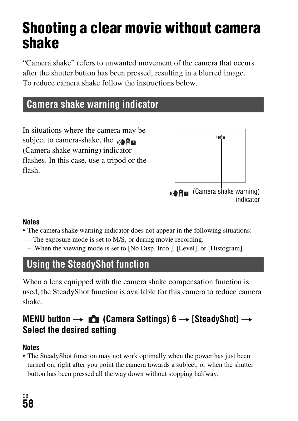 Shooting a clear movie without camera shake, Camera shake warning indicator, Using the steadyshot function | Sony ILCE-7R User Manual | Page 58 / 96