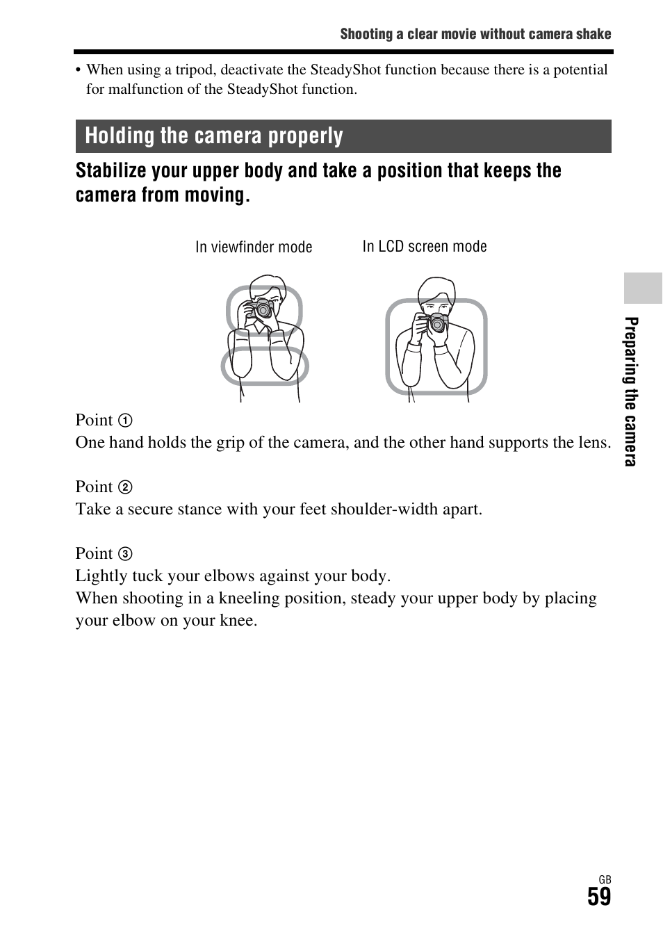 Holding the camera properly | Sony ILCE-7R User Manual | Page 59 / 96