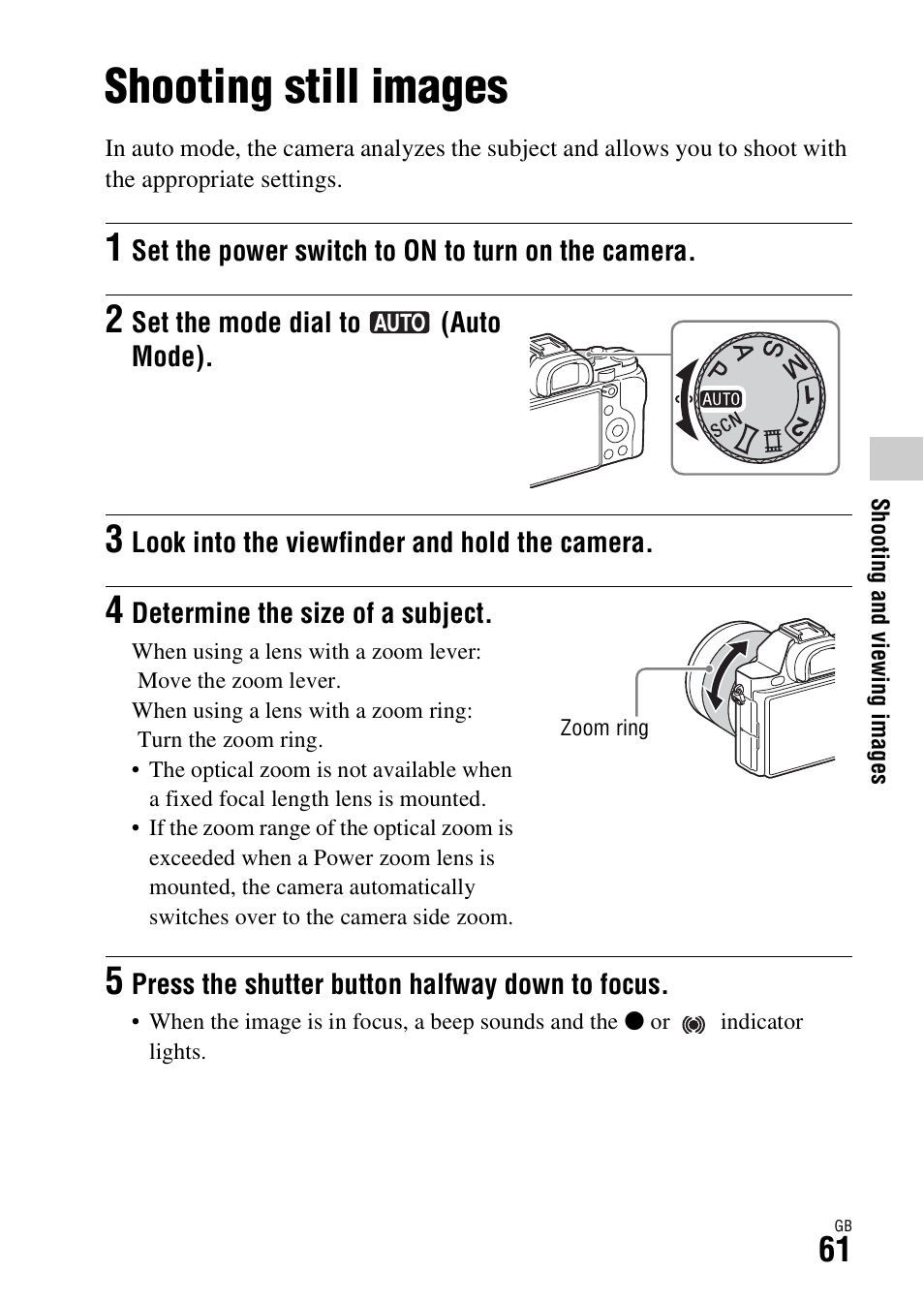 Shooting and viewing images, Shooting still images | Sony ILCE-7R User Manual | Page 61 / 96