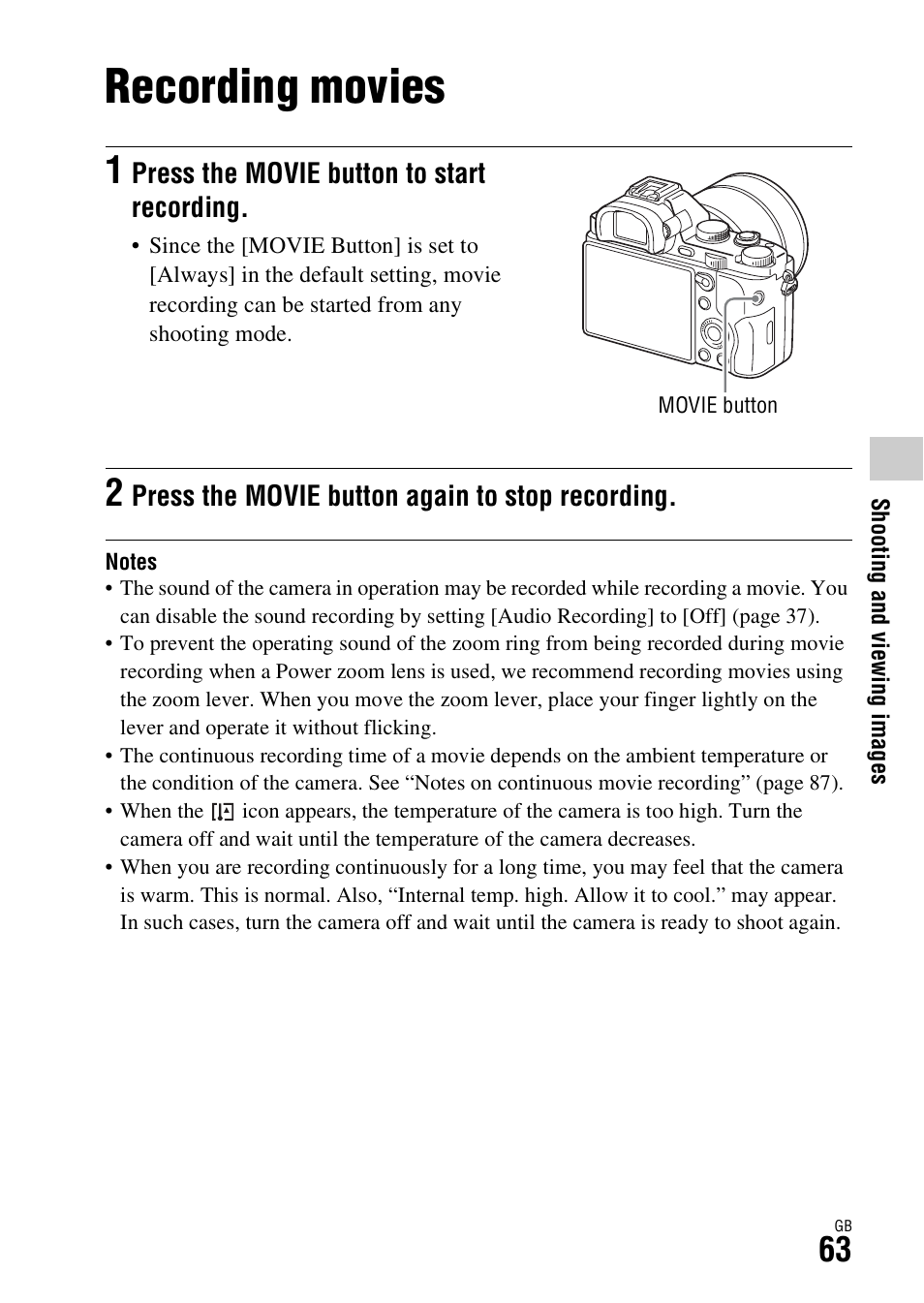 Recording movies | Sony ILCE-7R User Manual | Page 63 / 96