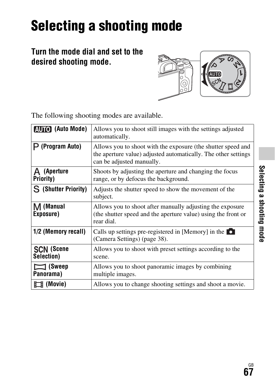 Selecting a shooting mode, Ode (67) | Sony ILCE-7R User Manual | Page 67 / 96