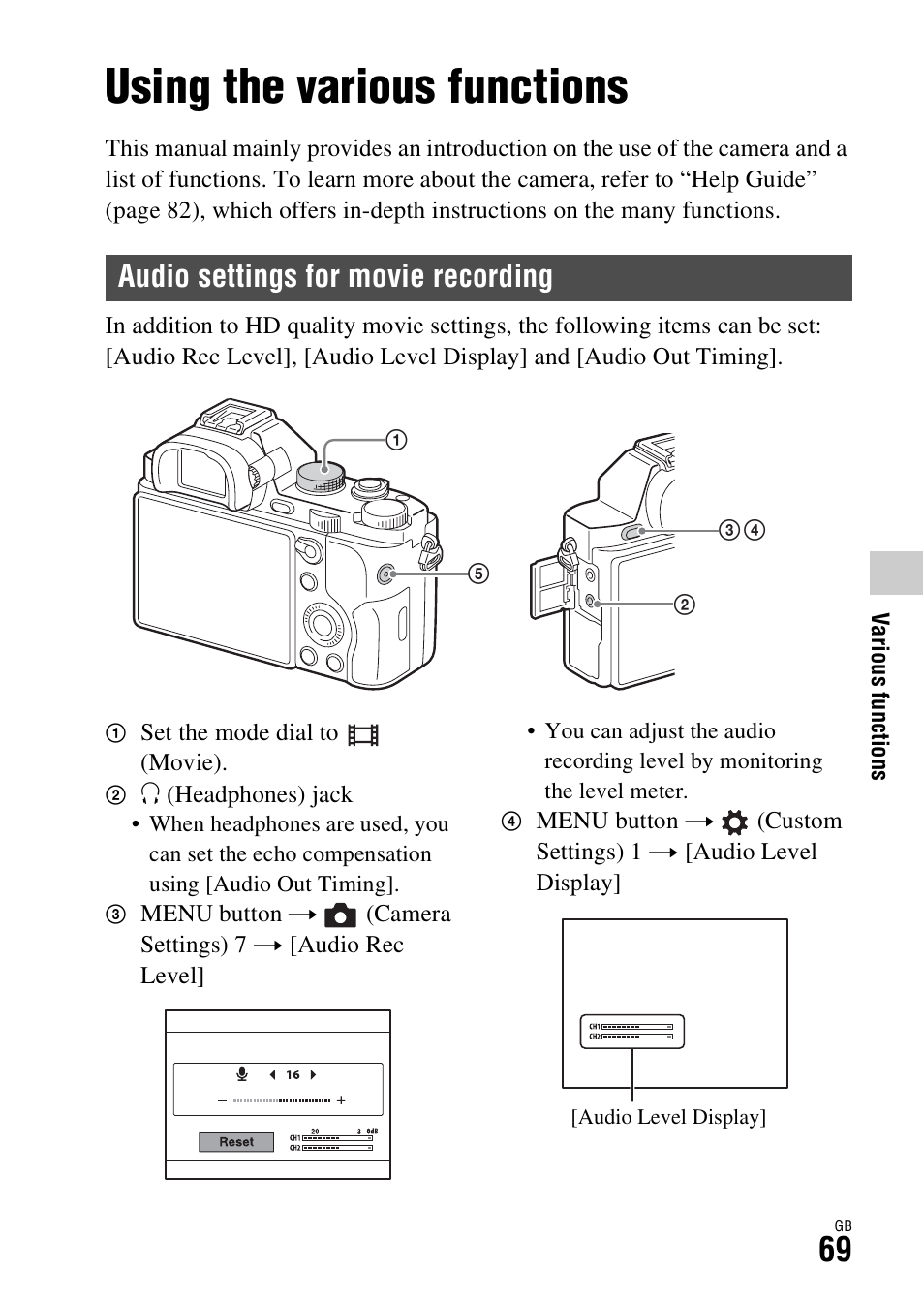 Various functions, Using the various functions, Audio settings for movie recording | Sony ILCE-7R User Manual | Page 69 / 96