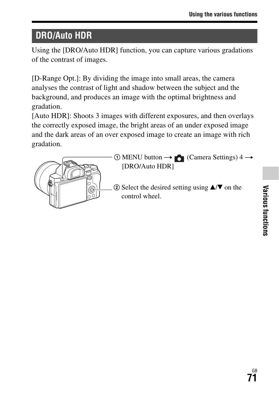 Dro/auto hdr, R (71) | Sony ILCE-7R User Manual | Page 71 / 96