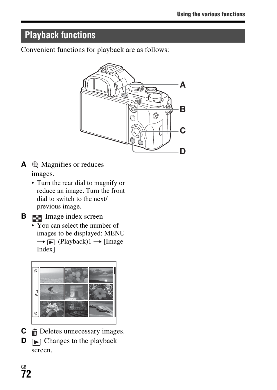 Playback functions, On (72) | Sony ILCE-7R User Manual | Page 72 / 96