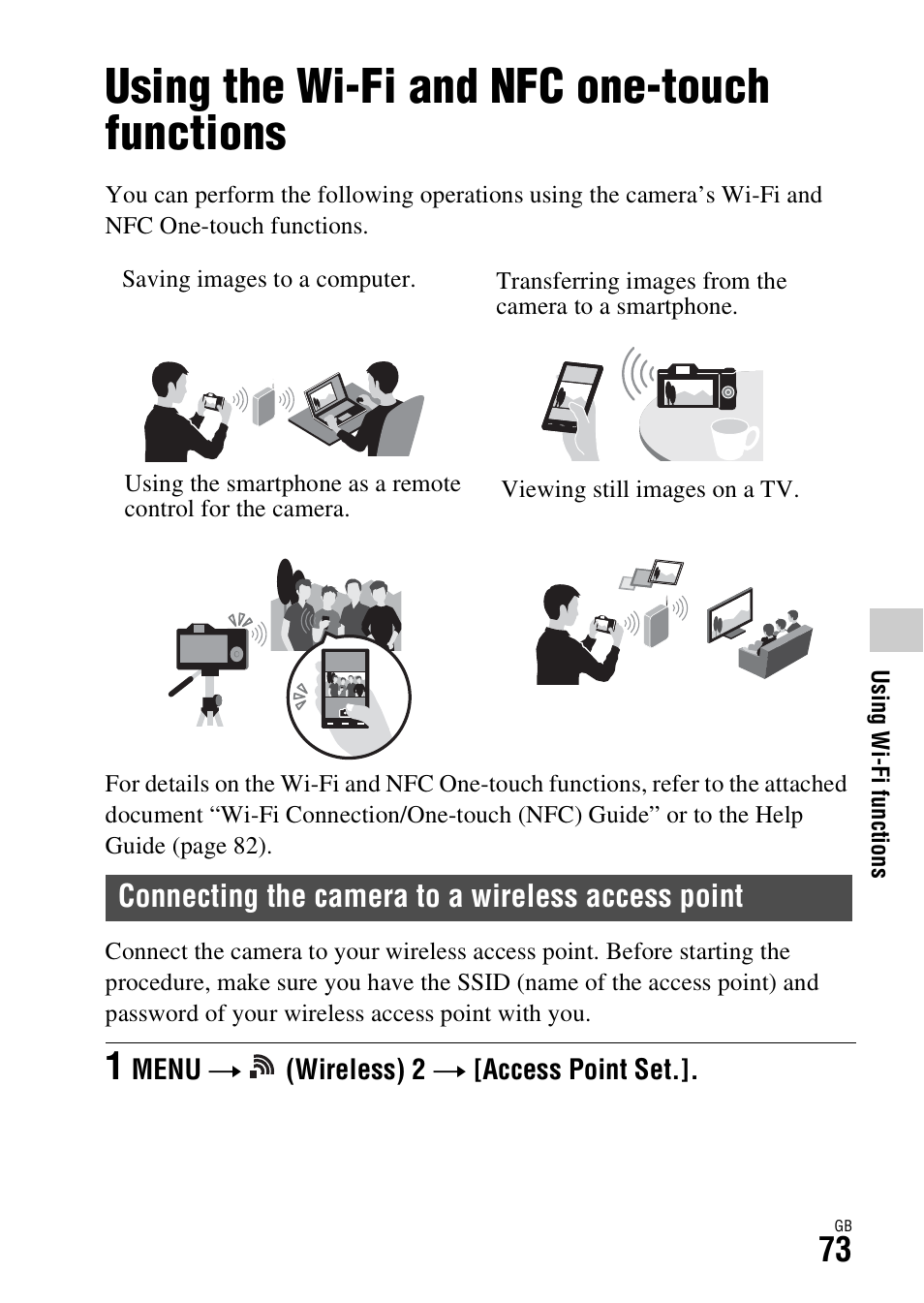 Using wi-fi functions, Using the wi-fi and nfc one-touch functions | Sony ILCE-7R User Manual | Page 73 / 96