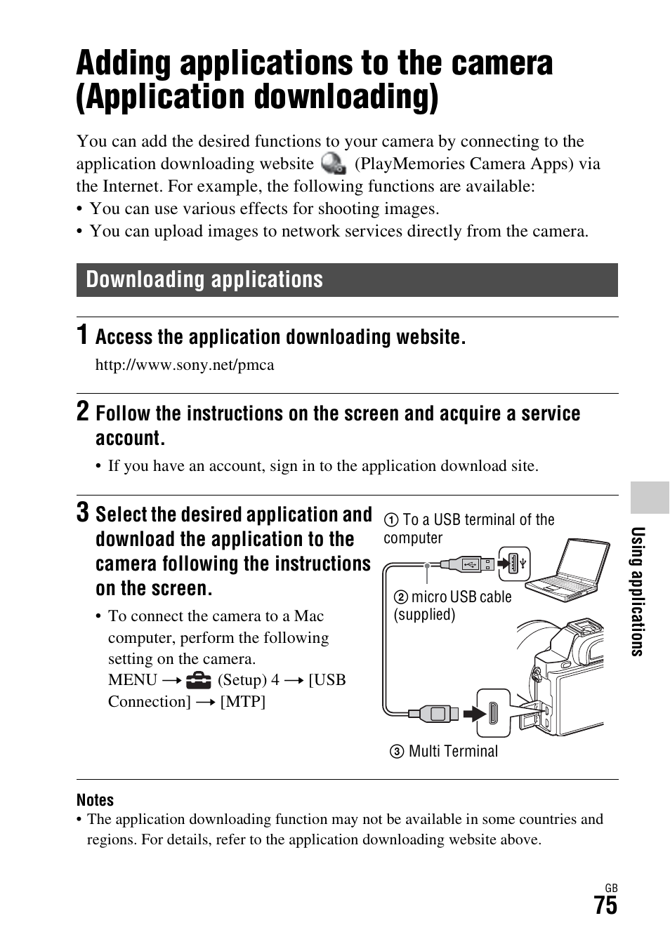 Using applications, Downloading applications, Adding applications to the camera (application | Downloading) downloading applications | Sony ILCE-7R User Manual | Page 75 / 96