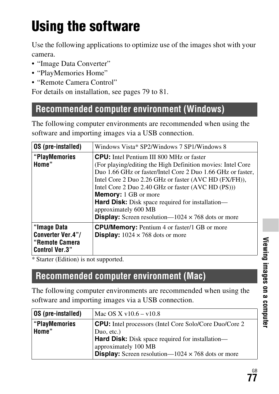 Viewing images on a computer, Using the software, Recommended computer environment (windows) | Recommended computer environment (mac) | Sony ILCE-7R User Manual | Page 77 / 96