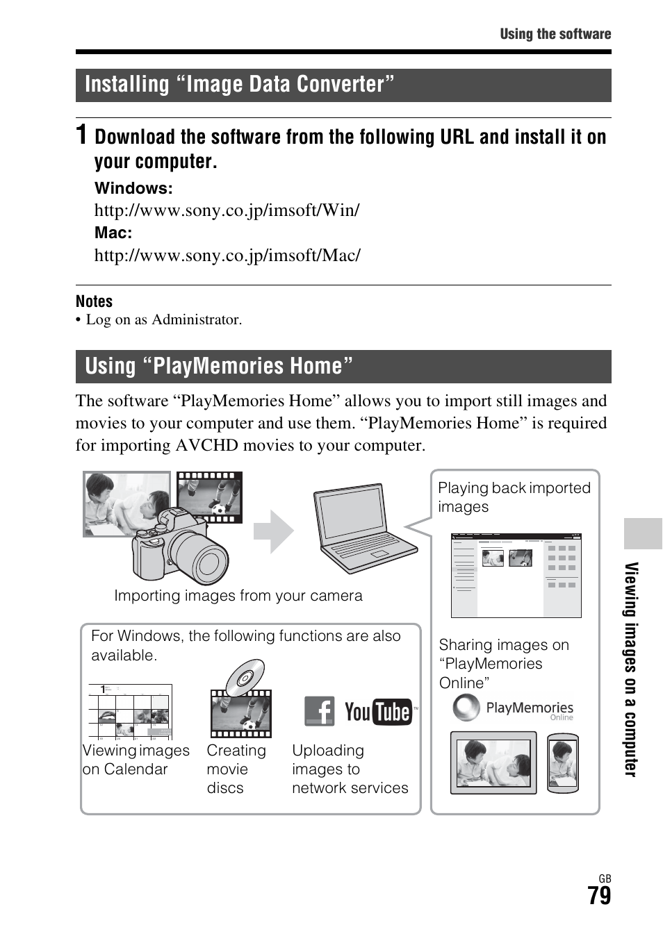 Installing “image data converter, Using “playmemories home | Sony ILCE-7R User Manual | Page 79 / 96