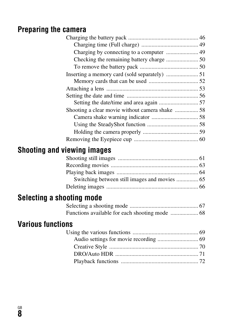 Preparing the camera, Shooting and viewing images, Selecting a shooting mode | Various functions | Sony ILCE-7R User Manual | Page 8 / 96