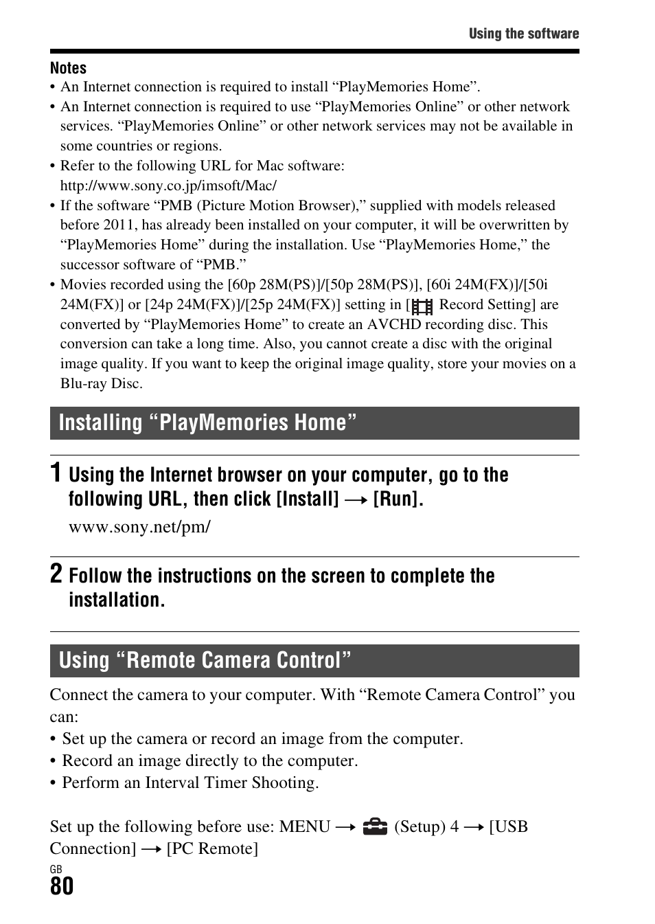 Installing “playmemories home, Using “remote camera control | Sony ILCE-7R User Manual | Page 80 / 96