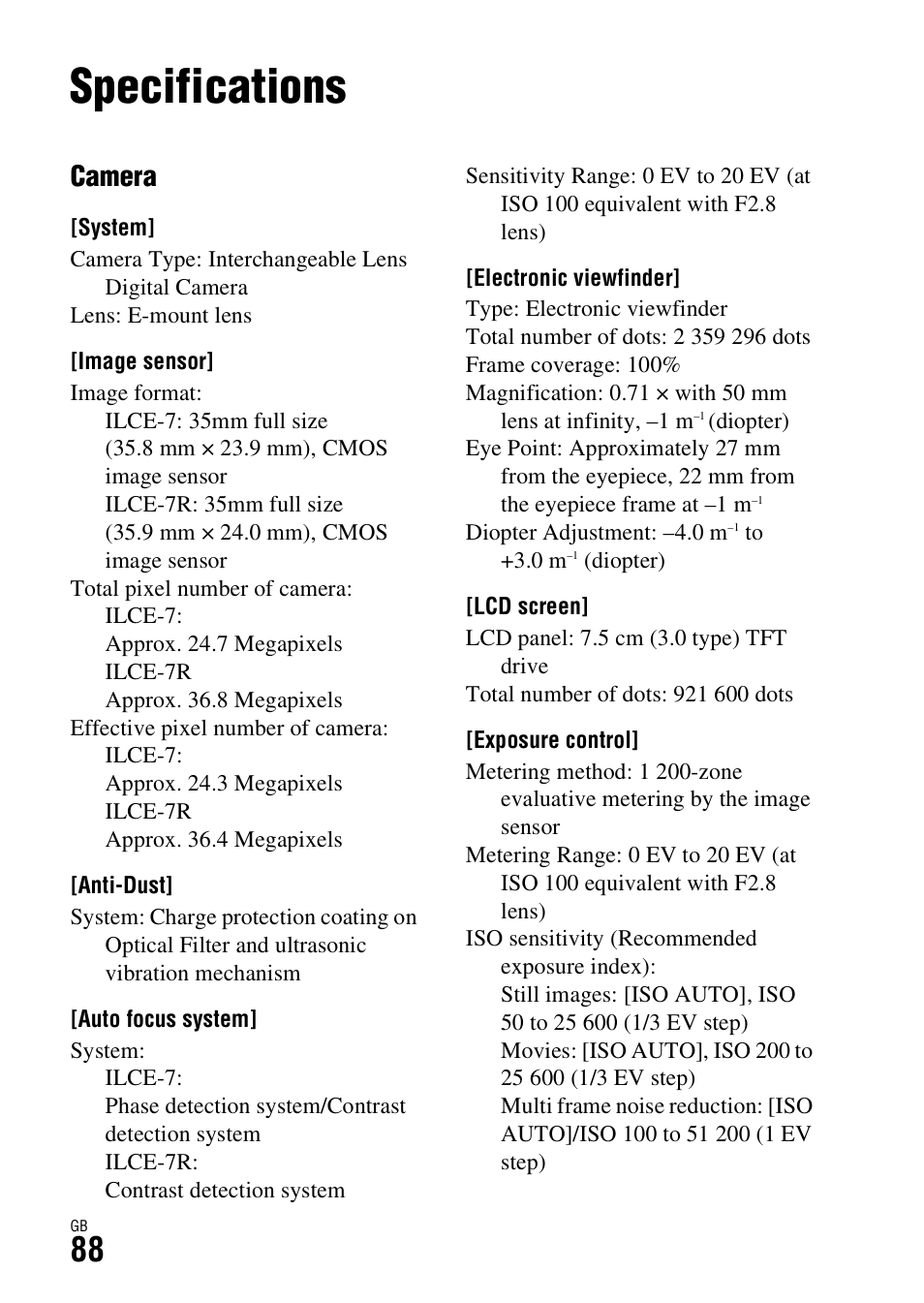 Specifications, Camera | Sony ILCE-7R User Manual | Page 88 / 96