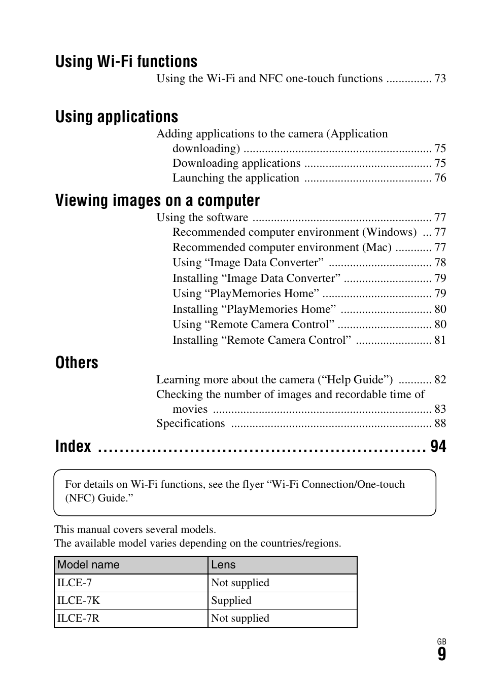 Using wi-fi functions, Using applications, Viewing images on a computer | Others, Index | Sony ILCE-7R User Manual | Page 9 / 96