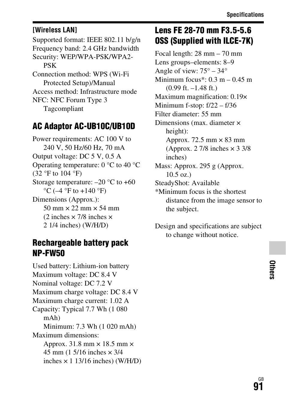 Ac adaptor ac-ub10c/ub10d, Rechargeable battery pack np-fw50 | Sony ILCE-7R User Manual | Page 91 / 96