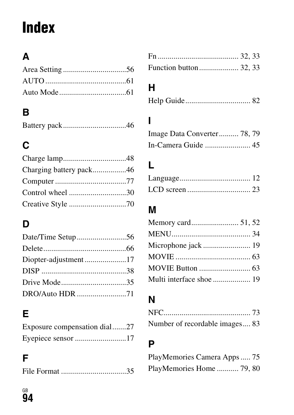 Index | Sony ILCE-7R User Manual | Page 94 / 96