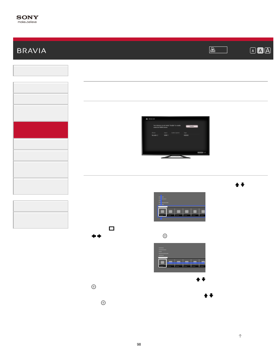 Displaying the “bravia” sync device list | Sony KDL-65S990A User Manual | Page 98 / 247