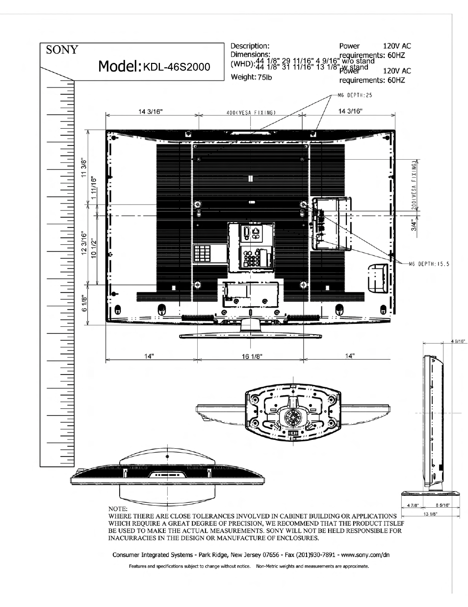 46s2, Sony, Model | Sony KDL-46S2000 User Manual | Page 2 / 2