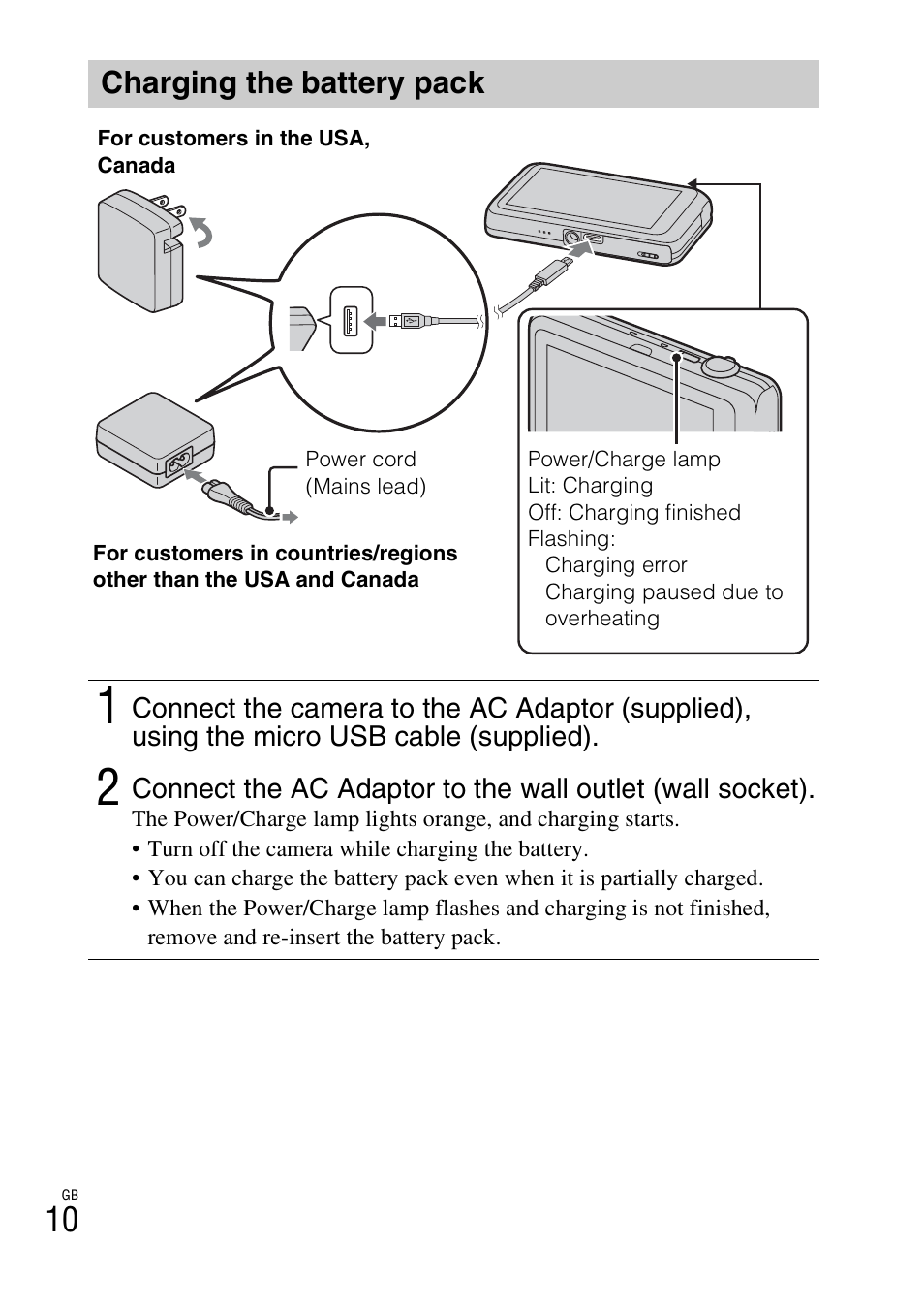 Charging the battery pack | Sony DSC-WX70 User Manual | Page 10 / 64