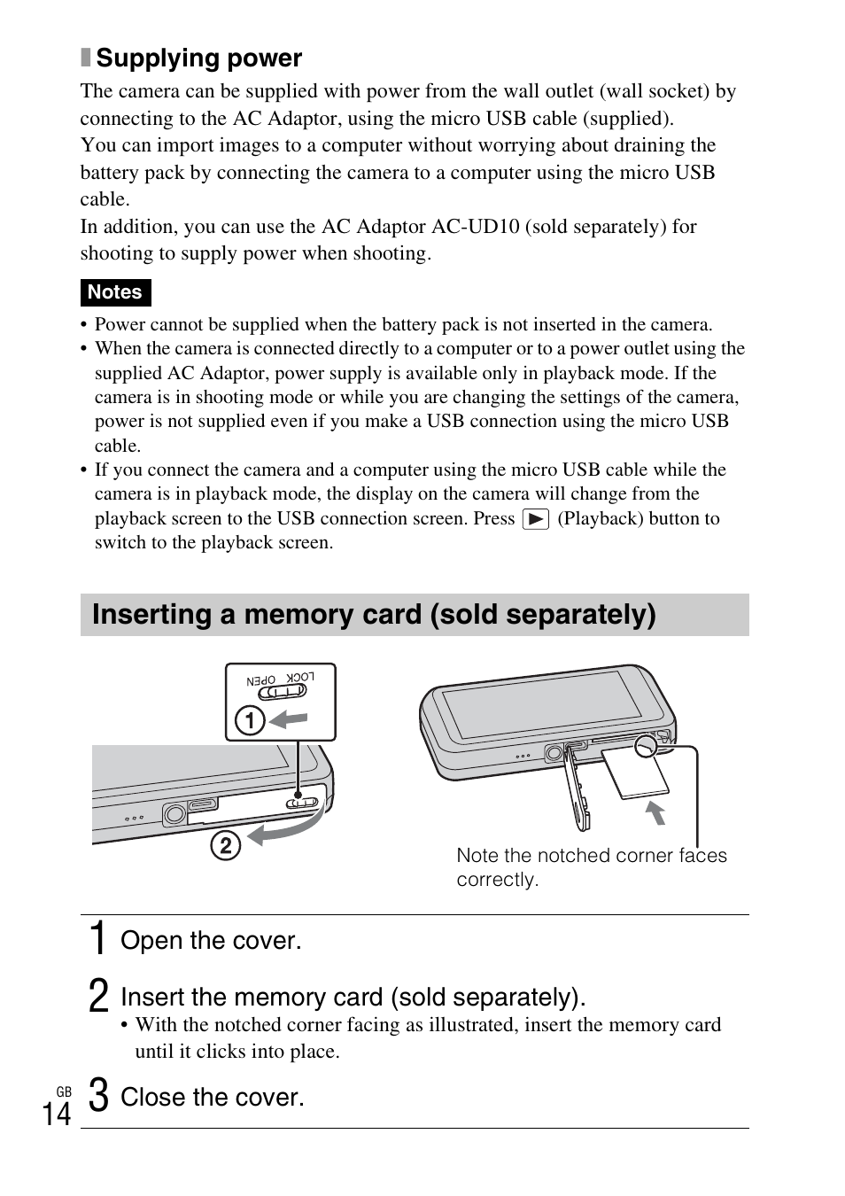 Inserting a memory card (sold separately) | Sony DSC-WX70 User Manual | Page 14 / 64
