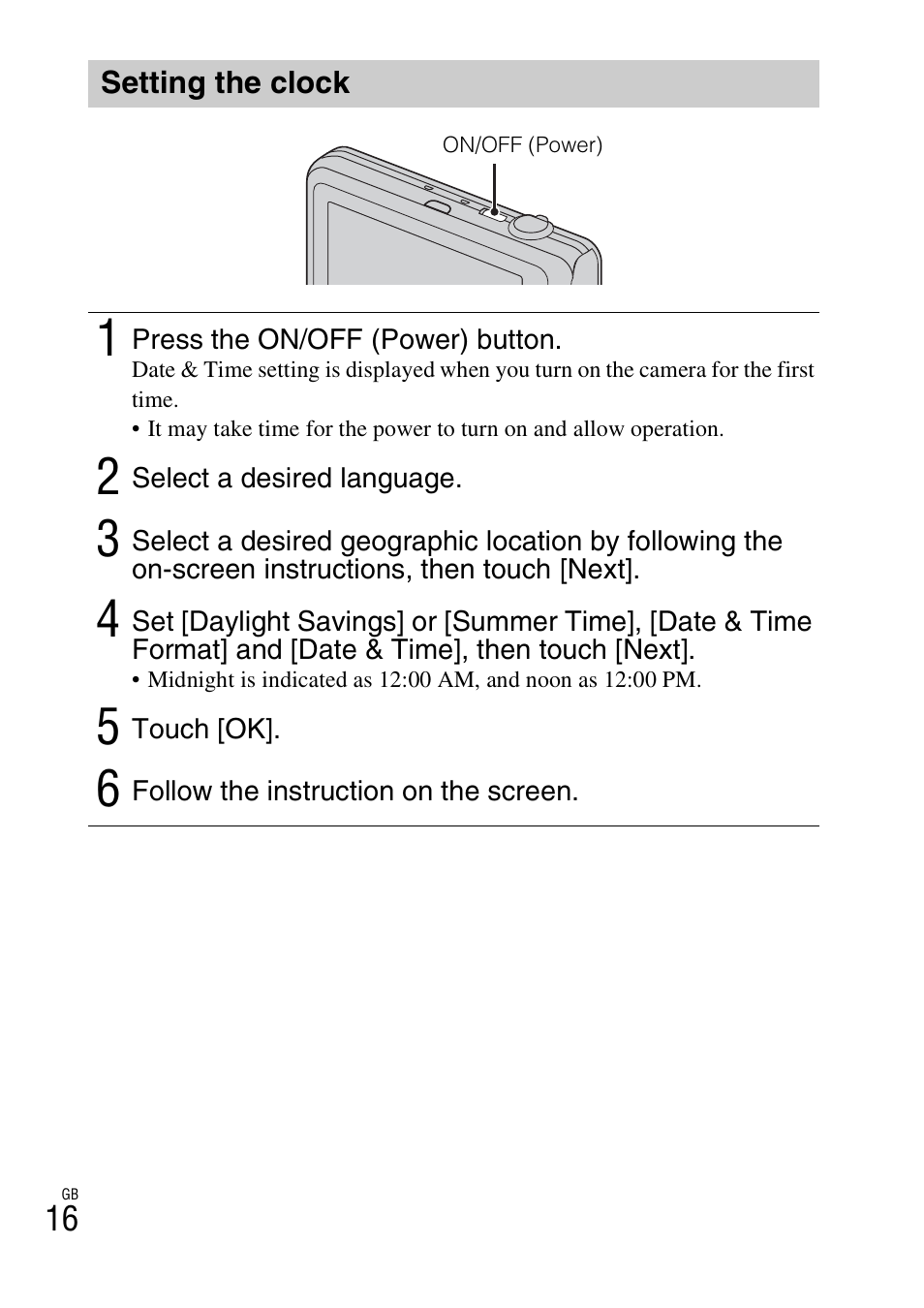Setting the clock | Sony DSC-WX70 User Manual | Page 16 / 64