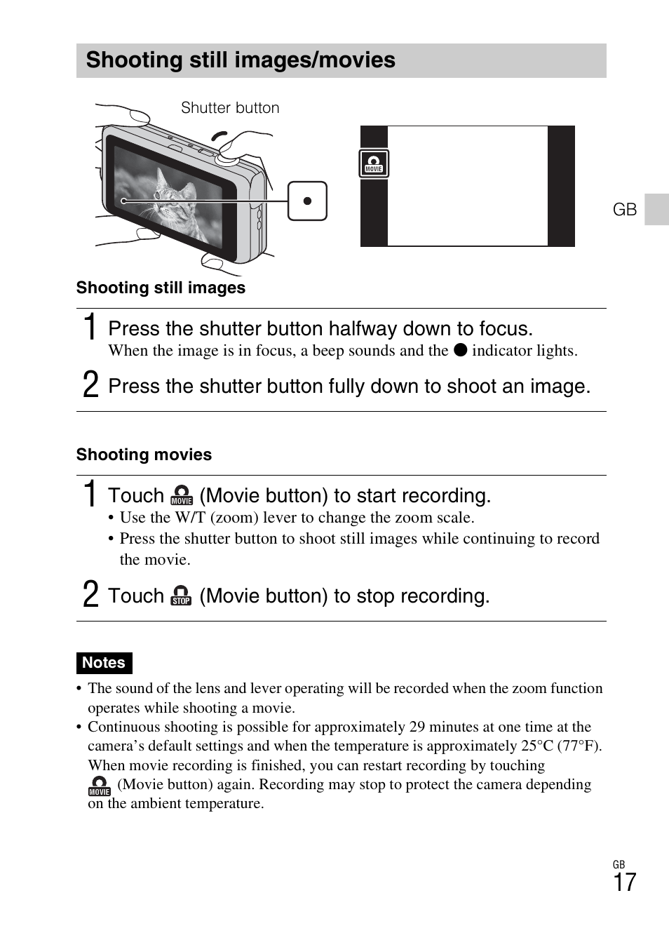 Shooting still images/movies | Sony DSC-WX70 User Manual | Page 17 / 64