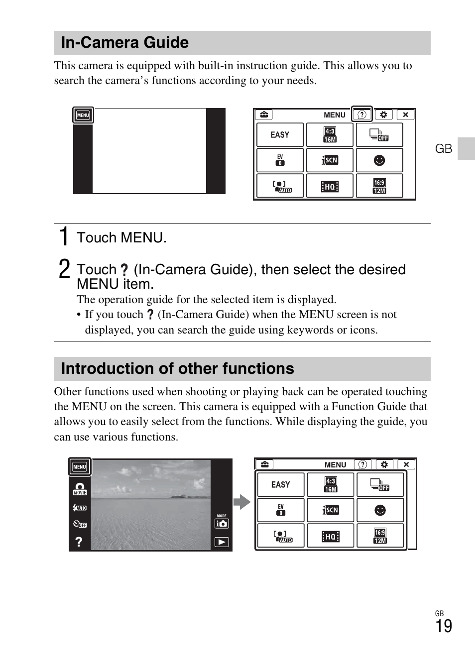 In-camera guide, Introduction of other functions | Sony DSC-WX70 User Manual | Page 19 / 64