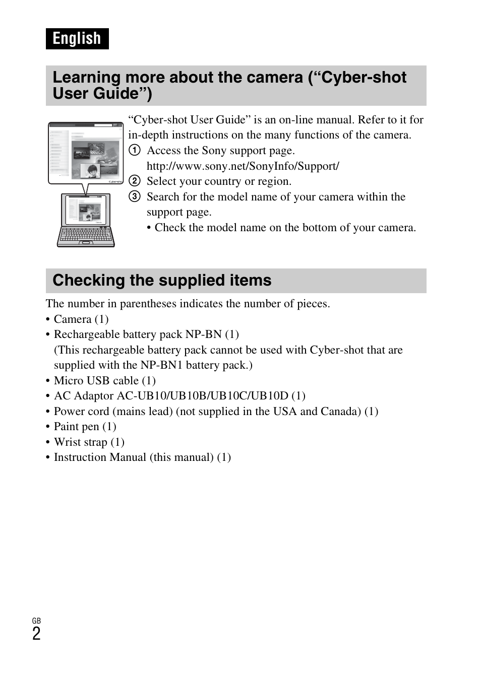 English, Checking the supplied items | Sony DSC-WX70 User Manual | Page 2 / 64