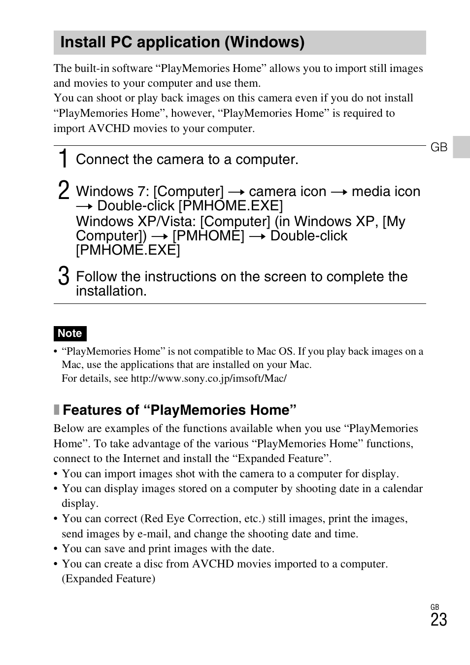 Install pc application (windows) | Sony DSC-WX70 User Manual | Page 23 / 64