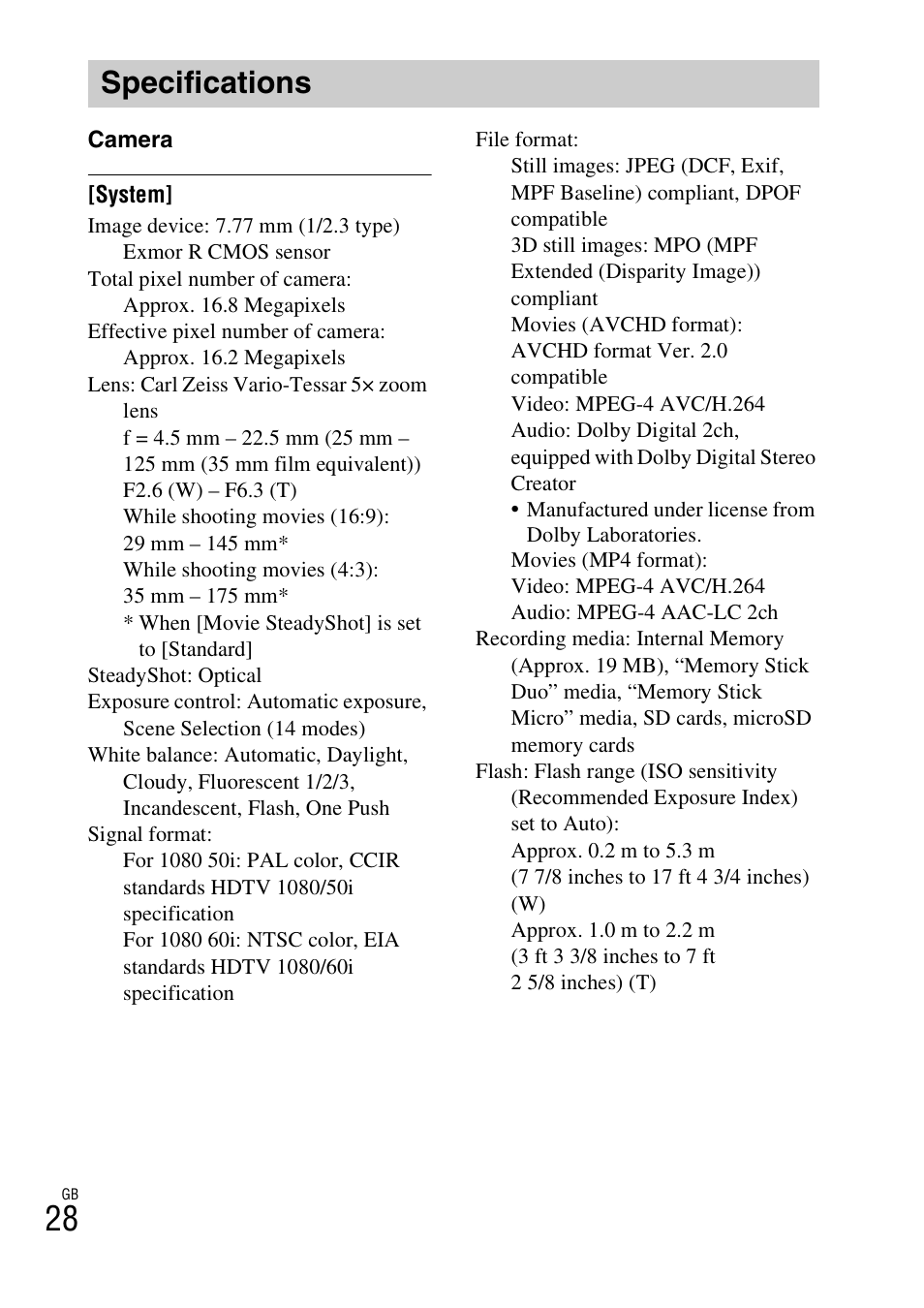 Specifications | Sony DSC-WX70 User Manual | Page 28 / 64