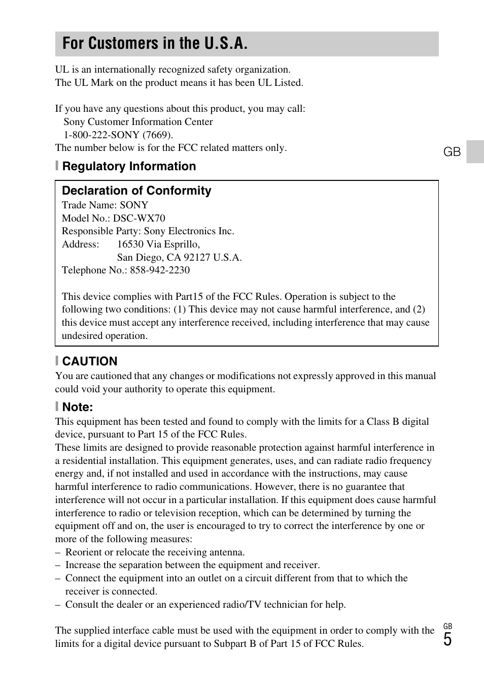For customers in the u.s.a | Sony DSC-WX70 User Manual | Page 5 / 64