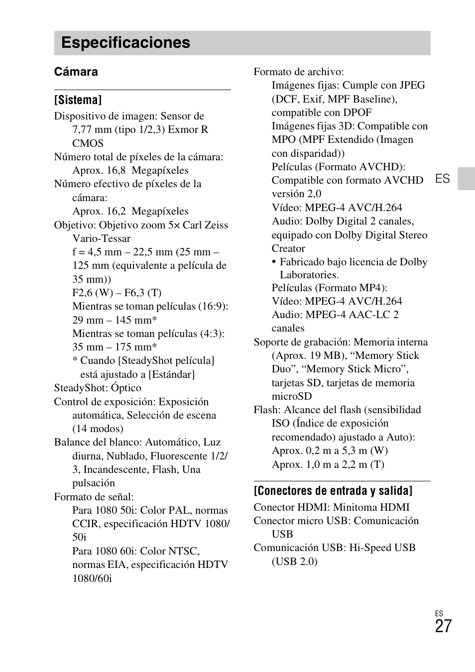 Especificaciones | Sony DSC-WX70 User Manual | Page 57 / 64