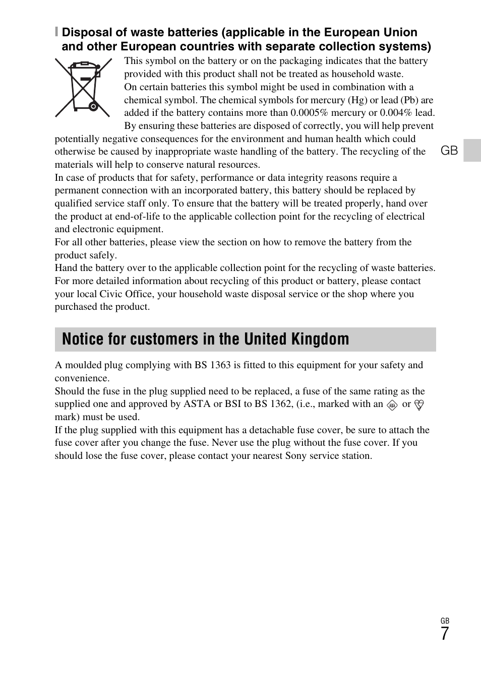 Notice for customers in the united kingdom | Sony DSC-WX70 User Manual | Page 7 / 64