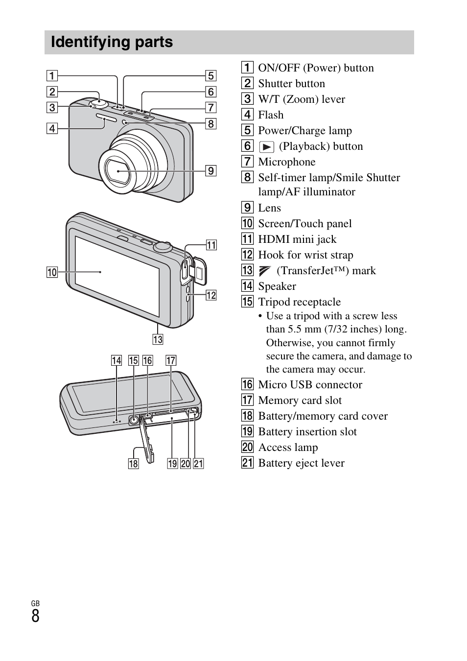 Identifying parts | Sony DSC-WX70 User Manual | Page 8 / 64