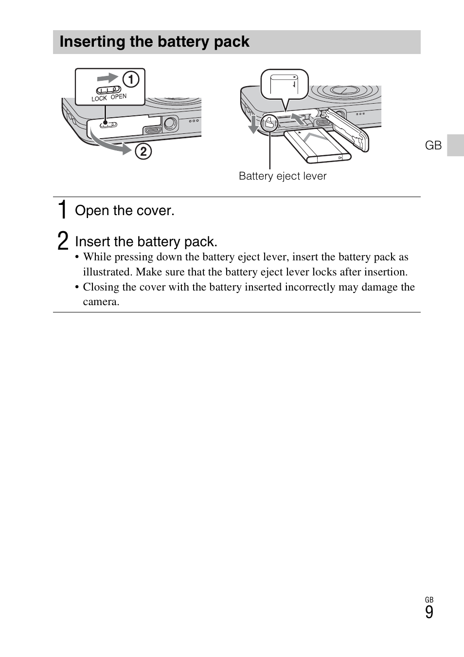 Inserting the battery pack | Sony DSC-WX70 User Manual | Page 9 / 64