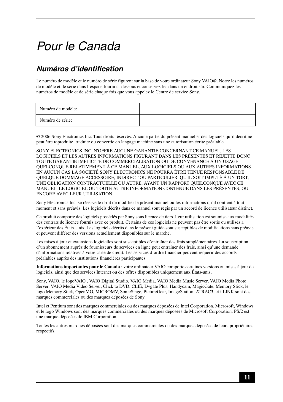 Pour le canada, Numéros d’identification | Sony VGN-FJ270P User Manual | Page 11 / 24