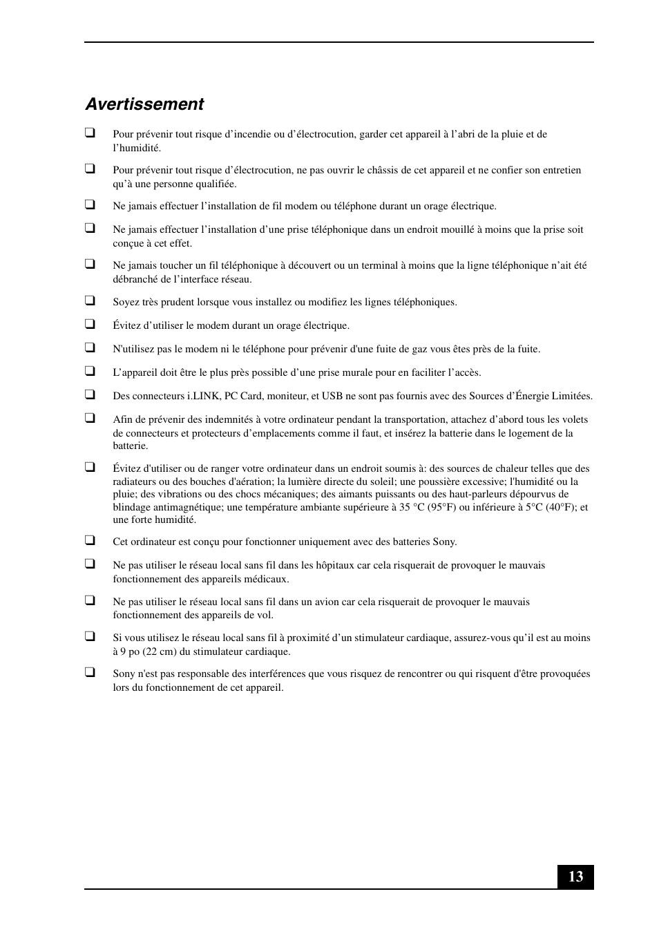 Avertissement | Sony VGN-FJ270P User Manual | Page 13 / 24