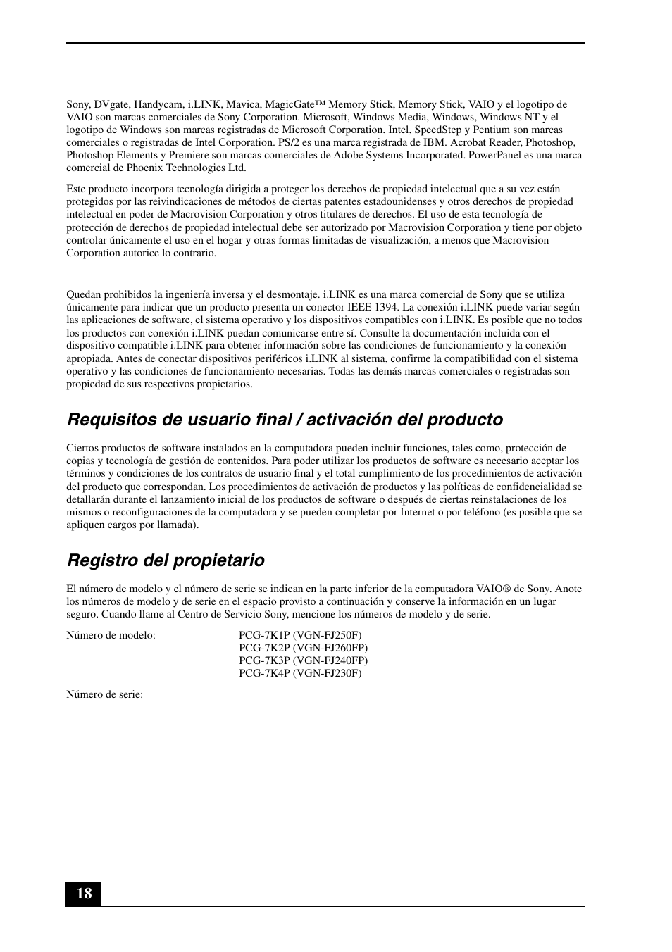 Registro del propietario | Sony VGN-FJ270P User Manual | Page 18 / 24