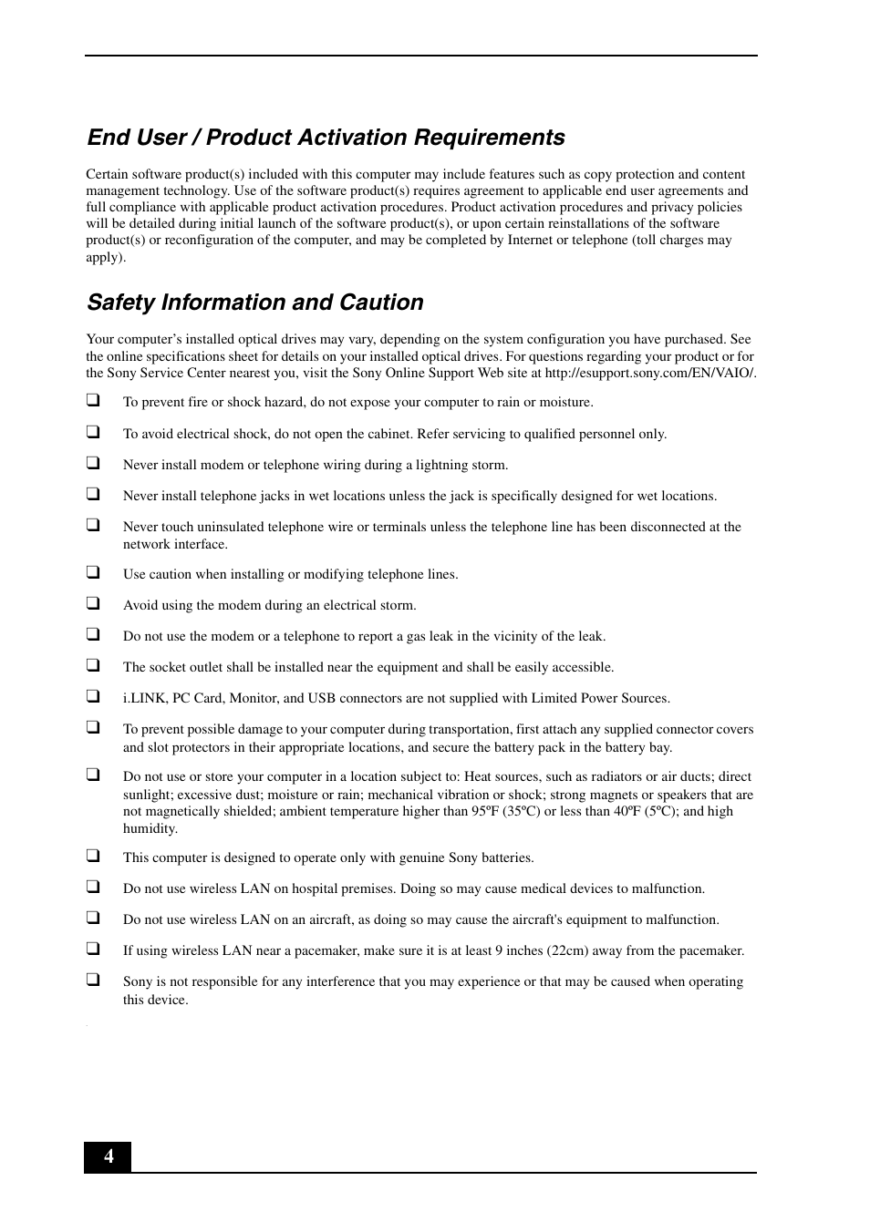 End user / product activation requirements, Safety information and caution | Sony VGN-FJ270P User Manual | Page 4 / 24