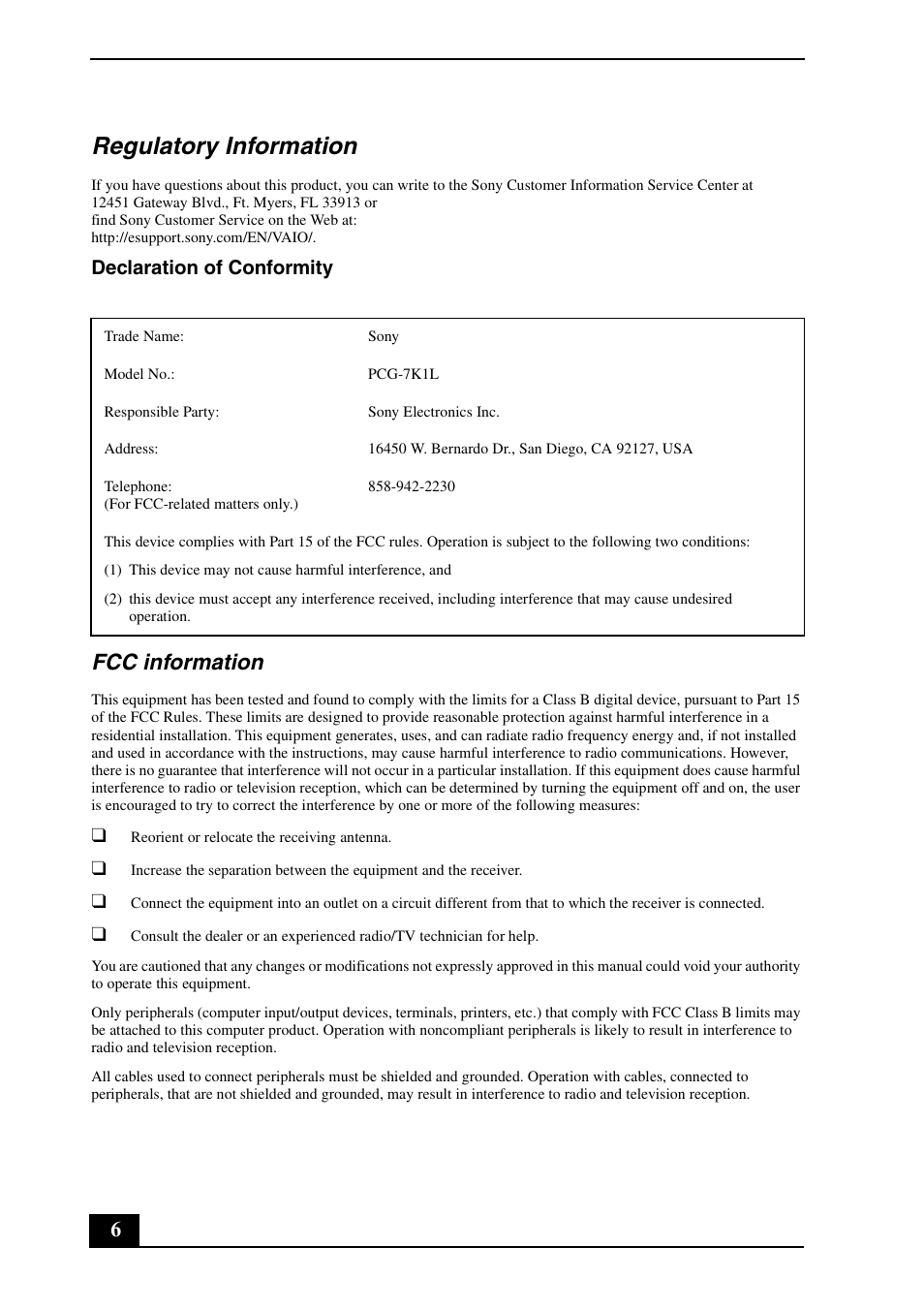 Regulatory information, Fcc information, Declaration of conformity | Sony VGN-FJ270P User Manual | Page 6 / 24