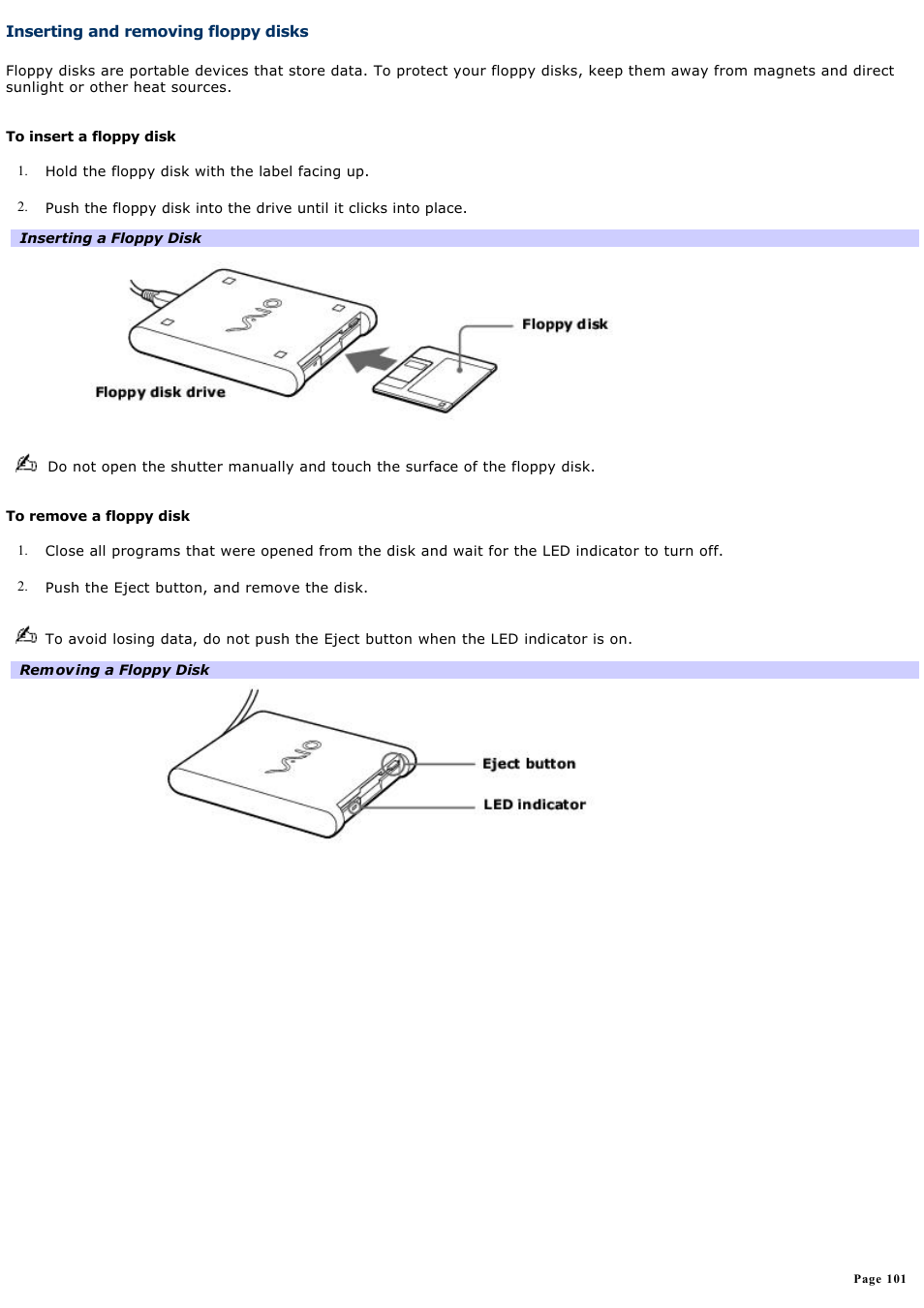 Inserting and removing floppy disks | Sony PCG-GRX690 User Manual | Page 101 / 194