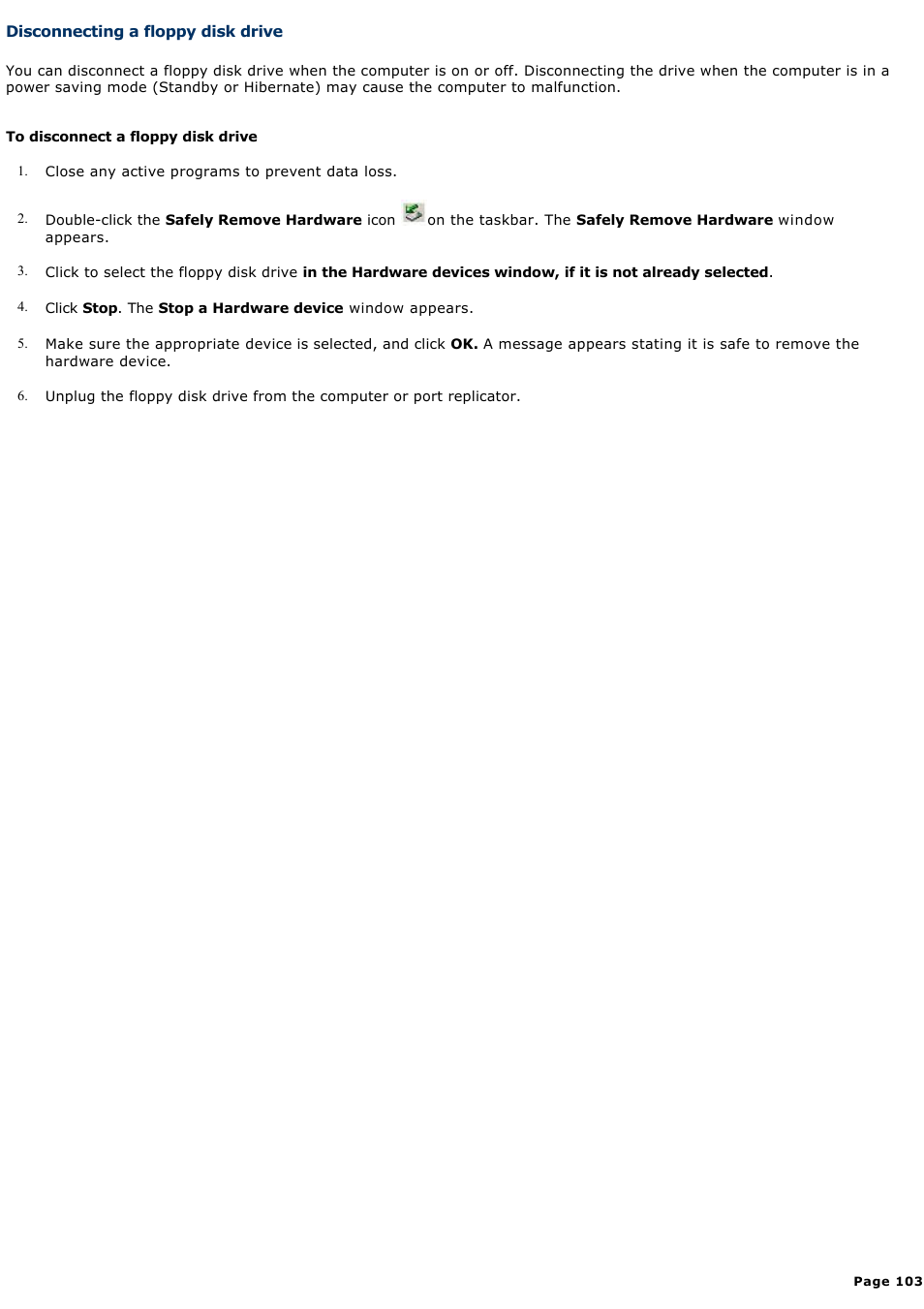 Disconnecting a floppy disk drive | Sony PCG-GRX690 User Manual | Page 103 / 194