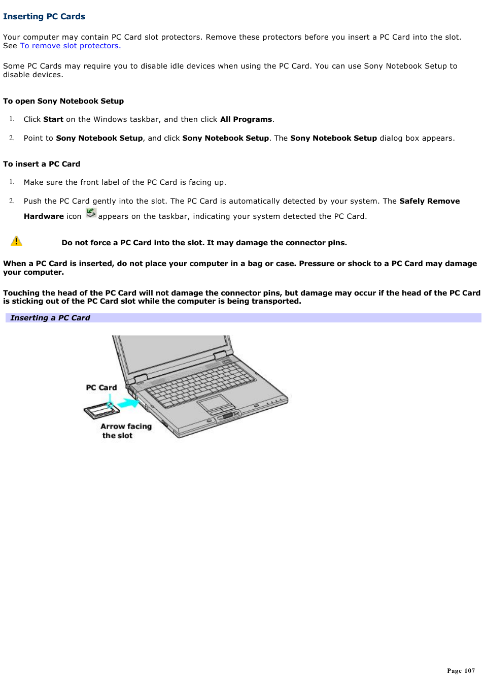 Inserting pc cards, Inserting, Pc cards | Sony PCG-GRX690 User Manual | Page 107 / 194