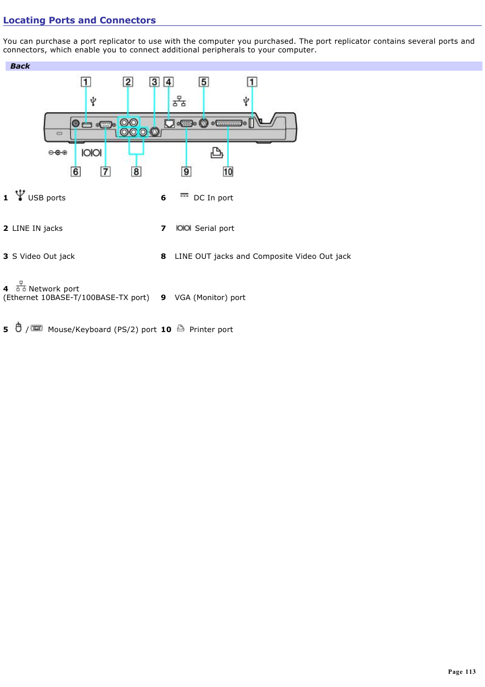 Locating ports and connectors | Sony PCG-GRX690 User Manual | Page 113 / 194