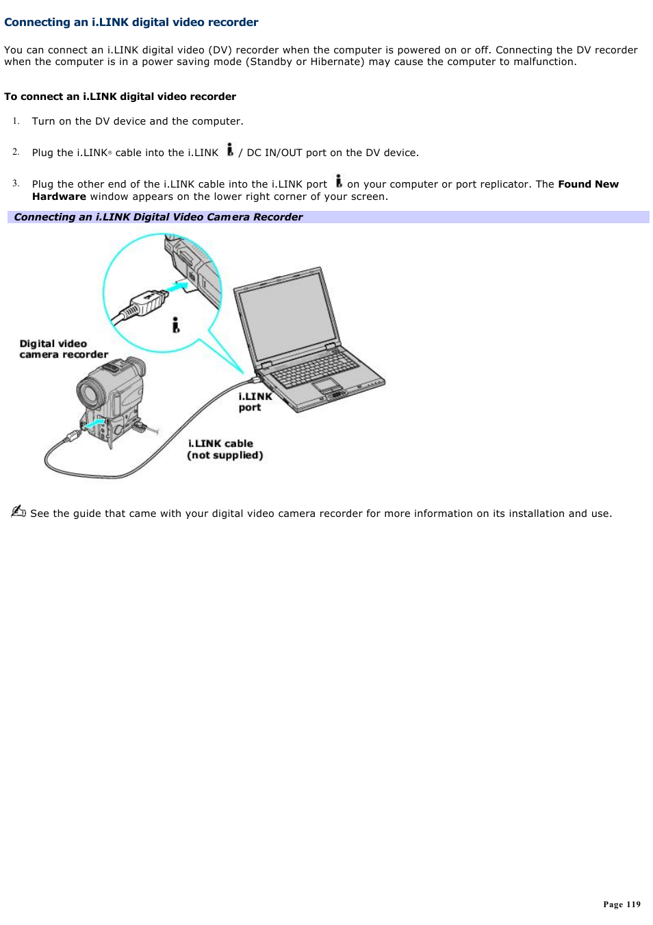 Connecting an i.link digital video recorder | Sony PCG-GRX690 User Manual | Page 119 / 194