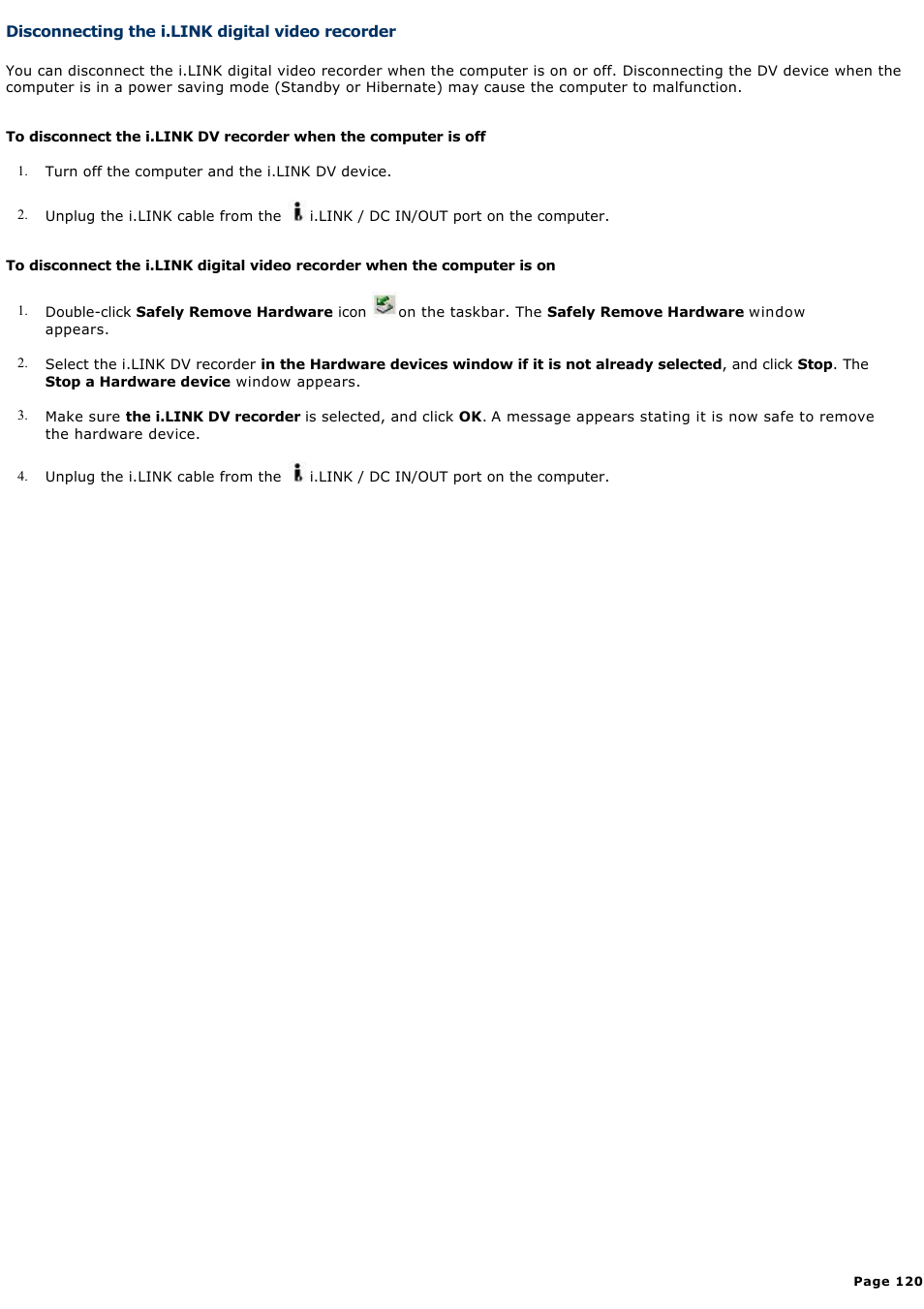 Disconnecting the i.link digital video recorder | Sony PCG-GRX690 User Manual | Page 120 / 194